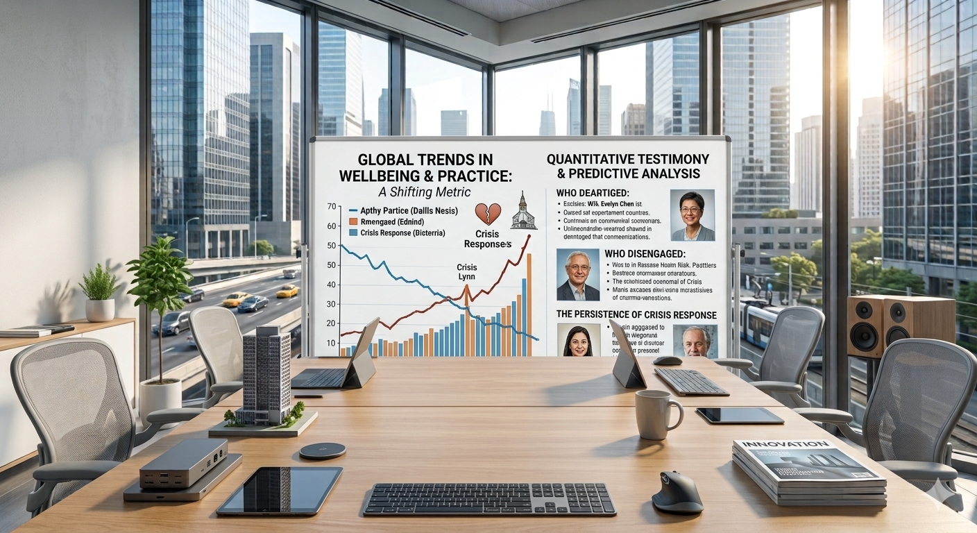A large white presentation board stands in a modern tech startup conference room, displaying a graph and data titled "Global Trends in Wellbeing & Practice."