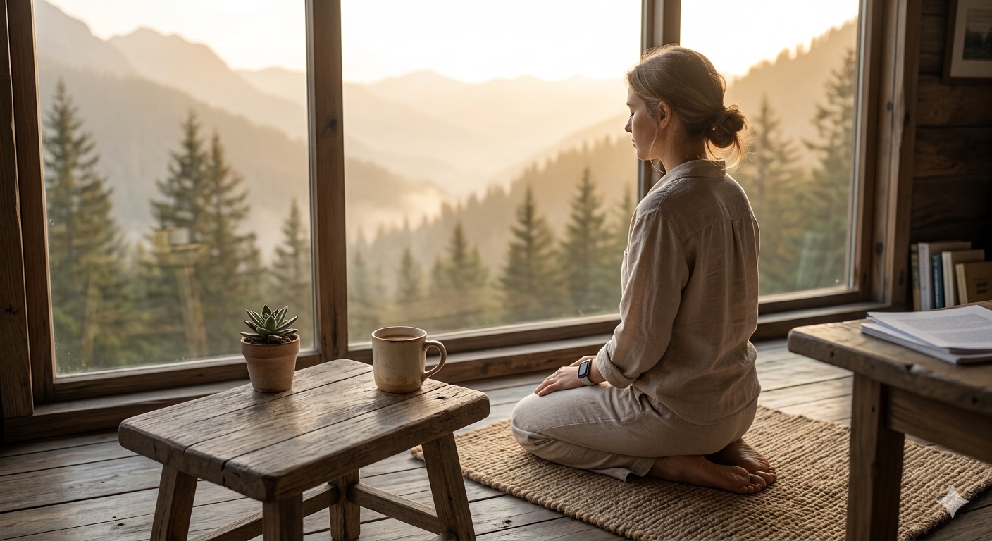 A woman sits kneeling on a woven mat in a wooden cabin, facing a large glass window that overlooks a foggy forest mountain range at sunrise.
